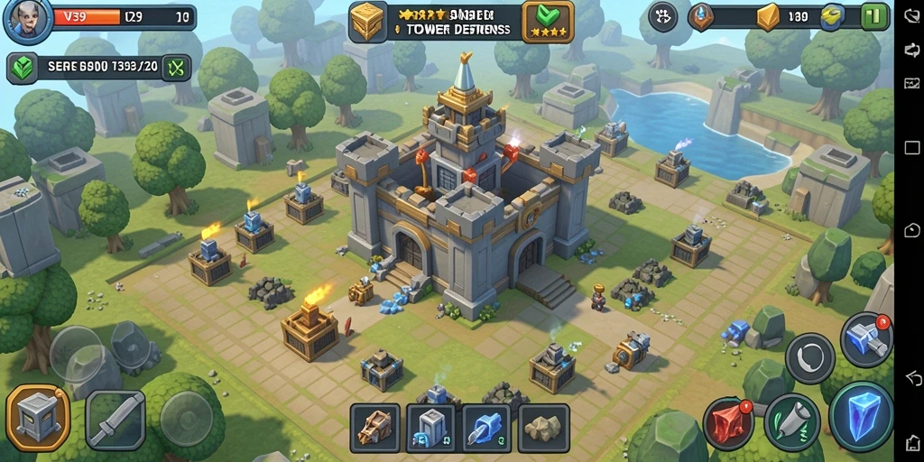 Tampilan gameplay V39 menunjukkan aksi strategi menara pertahanan yang mendebarkan.